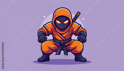 Orange Ninja Squatting with Sword on Back Ready to Strike.