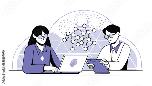 Two professionals collaborating on technology project with laptop and tablet in modern office setting with molecular structure in background