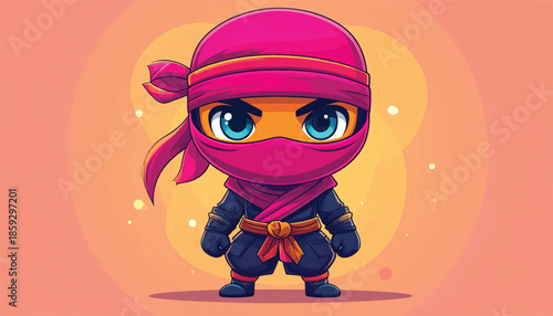 Cute Cartoon Ninja Character with Pink Headband and Blue Eyes.