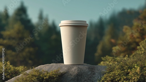 Single disposable coffee cup on a rock in a forest landscape, minimalist outdoor takeaway drink concept with soft background bokeh and copy space.