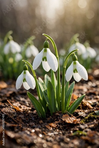 snowdrops in snow, photo of spring snowdrops in the forest, white spring flowers