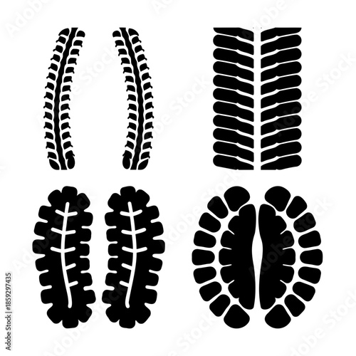 Diverse collection of stylized black and white tire and footwear tread patterns