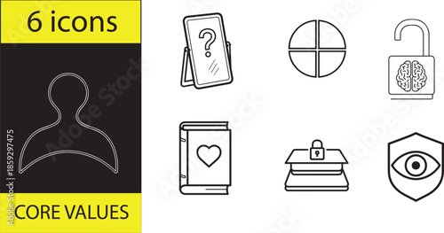 Core values represented by six icons including key, heart, and lock