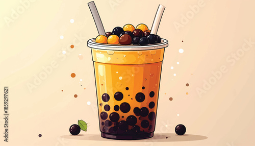 Refreshing Bubble Tea Illustration with Tapioca Pearls and Straws.