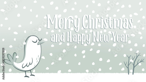 Christmas greeting with a small white bird in the snow. Christmas greeting with a snowy landscape with a small white bird with its eyes closed.