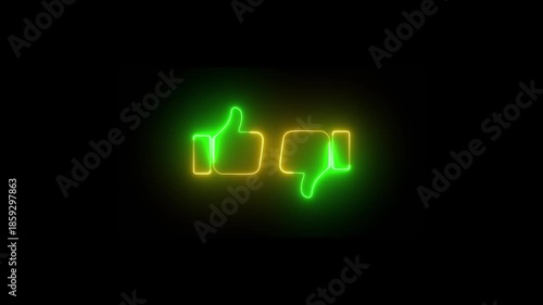 Like and dislike neon icons on black background, neon thumbs up and thumbs down icons 4k video