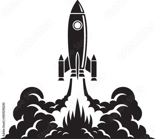 Rocket Launch Silhouette with Smoke Clouds