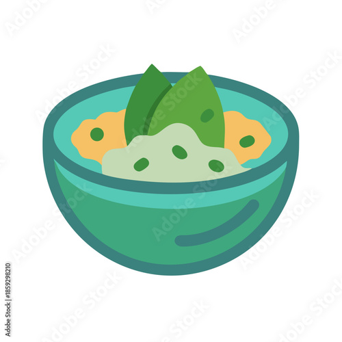 Illustrated bowl of nutritious food with leaves on top