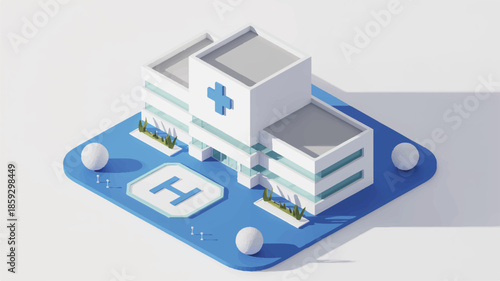 Isometric illustration of a modern hospital building on a digital circuit board