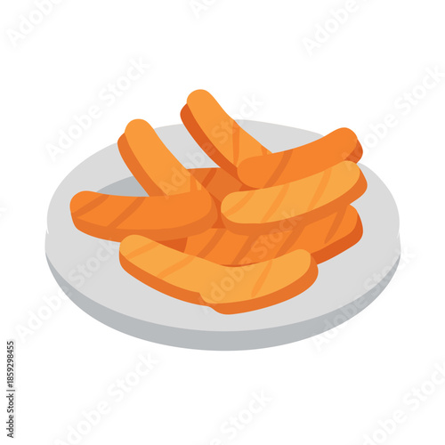 Cartoon sausages piled on plate on white background illustration