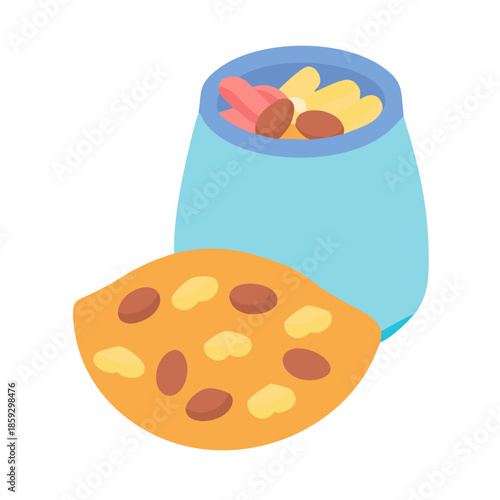 Cartoon snack mix and cookie on a white background