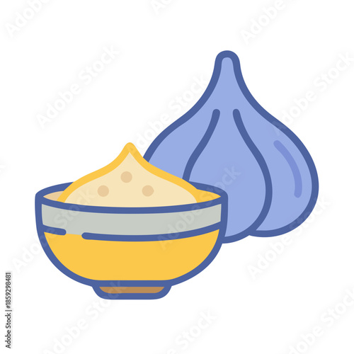 Bowl of garlic puree with whole bulb illustration