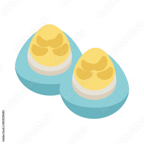 Two halved boiled eggs on a white background
