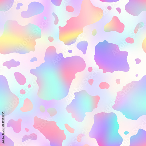 Abstract cow pastel rainbow seamless pattern. Vector animal skin print, cute holographic dalmatian spots on foil gradient background. Stylized spotted texture for textile, decoration, wrapping, cover.