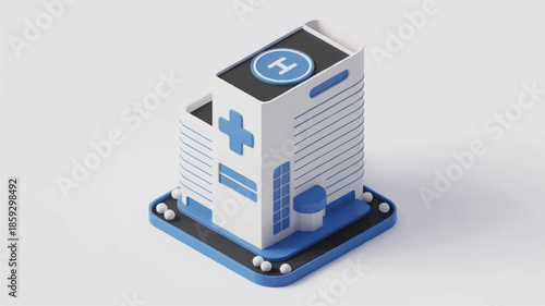 Isometric illustration of a modern hospital building with medical cross symbol on rooftop viewed from above