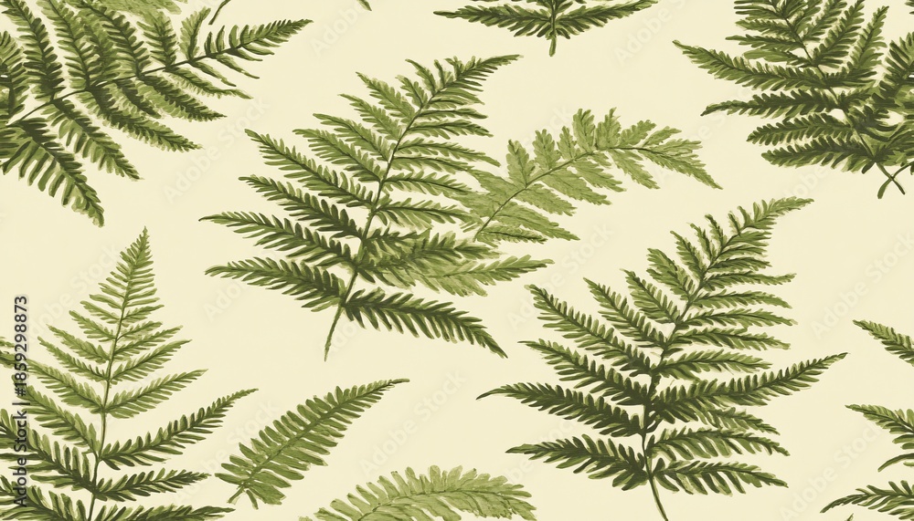 Naklejka premium Lush Green Fern Fronds Scattered Across a Soft Background, Perfect for Botanical Wallpaper Design