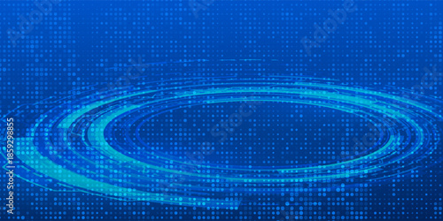 Digital technology pattern background. Glowing blue dotted circle wallpaper. Abstract dot round grid backdrop for business, science, healthcare, medicine, finance design. Vector navy texture surface