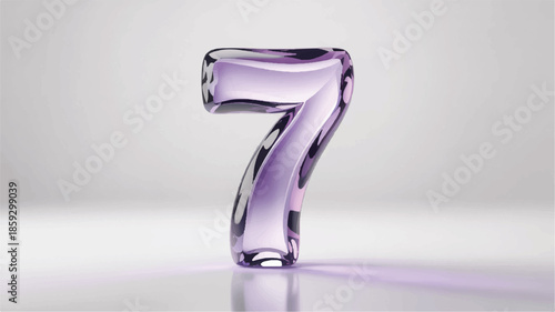 A 3D render of a purple glass number seven on a reflective surface with a subtle shadow and soft lighting