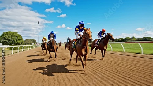 Jockeys and horses race intensely down a dirt track under a blue sky, kicking up dust in a display of speed and competition