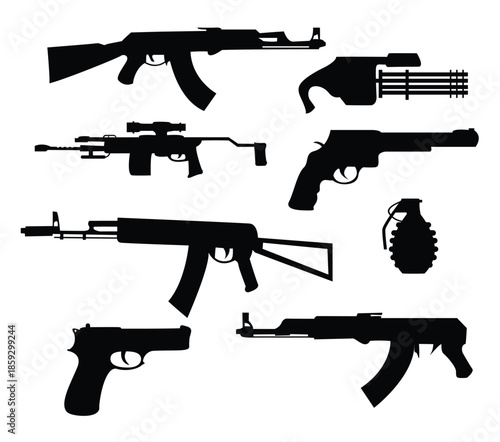 Silhouette icons of various firearms and a grenade for military and weapon concepts