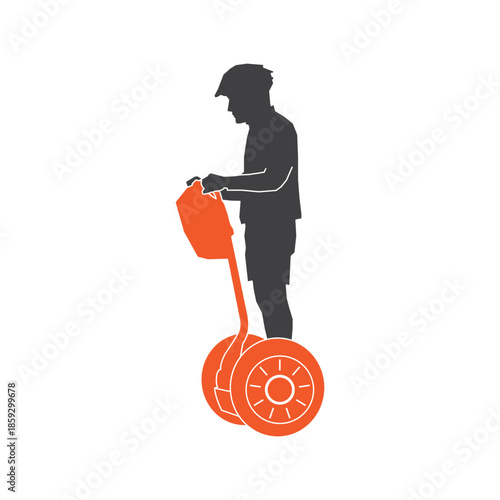 Man riding segway with gas can, silhouette icon for transportation and fuel concepts