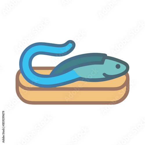 Illustration of an eel resting on a wooden board