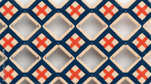A 3D digital rendering of a geometric pattern with diamond shapes and crosses