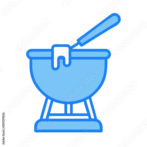 Flat design fondue pot with cheese and dipping utensil