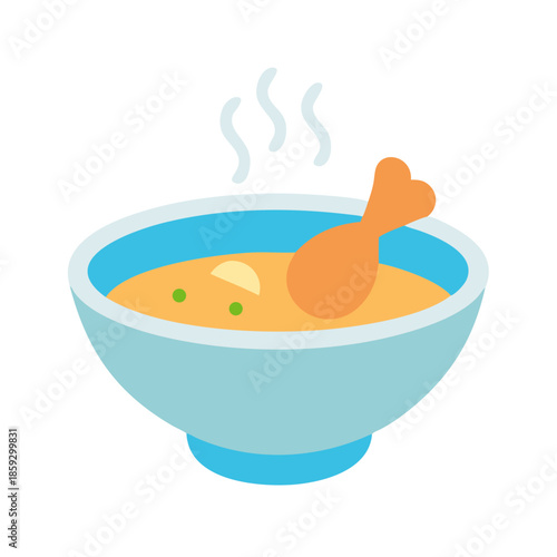 Steaming bowl of soup with tempura, isolated on white