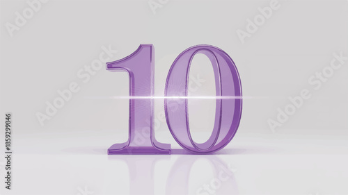 A 3D rendering of a large purple number ten on a white surface with a subtle reflection
