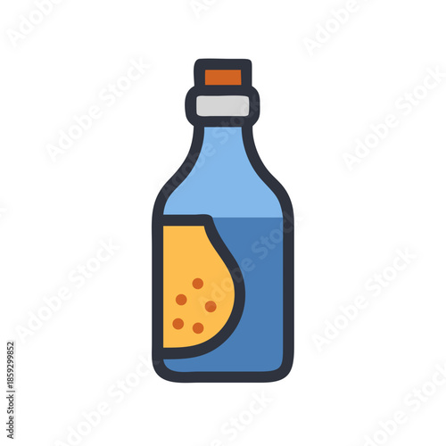 Blue glass bottle with liquid and label illustration