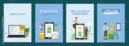 Digital detox and data cleanup poster pack. set of four digital detox and cleanup posters with laptop, smartphone and decluttering data. Lower digital footprint and online habits. Vector illustration