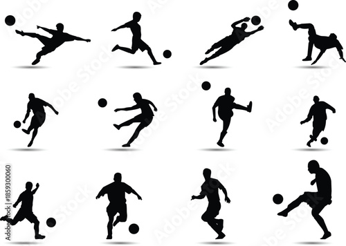 Soccer player silhouettes kicking and playing football, black icons set