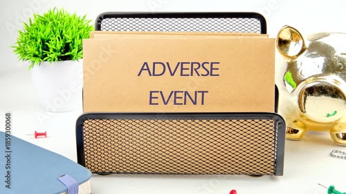 A crisp desktop still life shows ADVERSE EVENT emerging. The words materialize amidst a piggy bank, plant, and office organizer in soft morning light