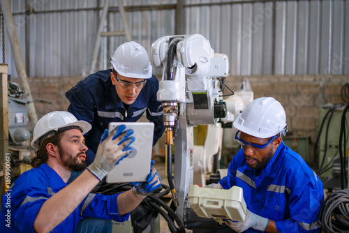 Blue collar workers are working at machine shop with welding robot arm.