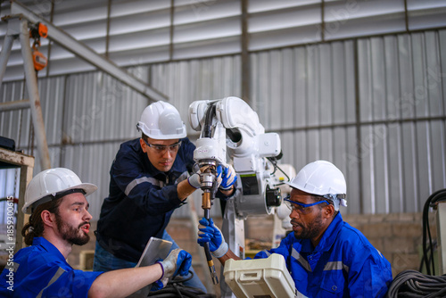 Blue collar workers are working at machine shop with welding robot arm.