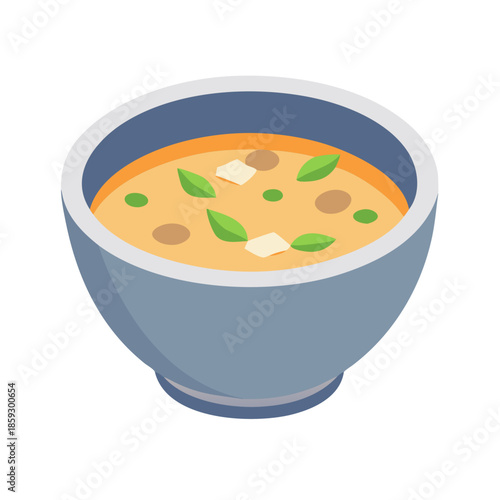 Isometric bowl of soup with toppings on white background