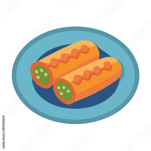Two spring rolls on a plate, simple graphic art