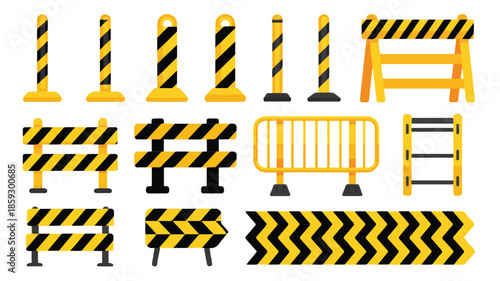 Industrial safety barriers and equipment arranged in a grid on a white background