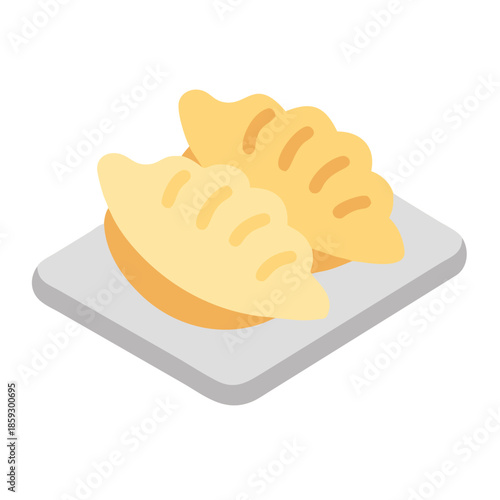 Isometric dumplings on a grey plate with white background
