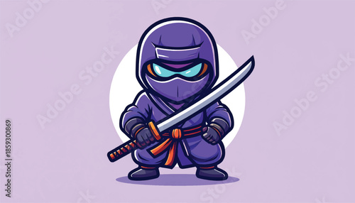 Cartoon Ninja Warrior with Katana Sword Ready for Action.