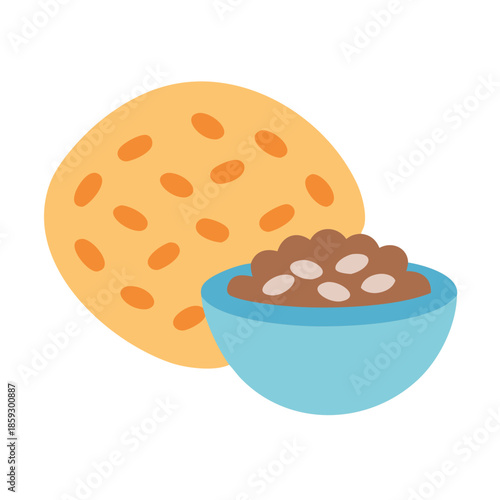 Stylized corn tortilla and bean dip illustration on white