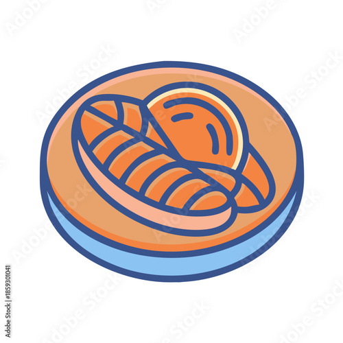 Minimalist vector salmon fillet illustration on light blue plate