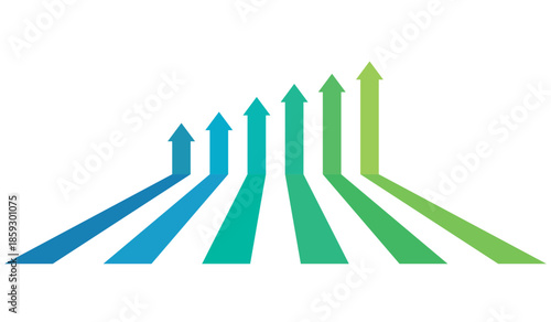 Dynamic upward arrows representing progress and growth.  6 arrows going up start from bottom represent business competition profit growth.
