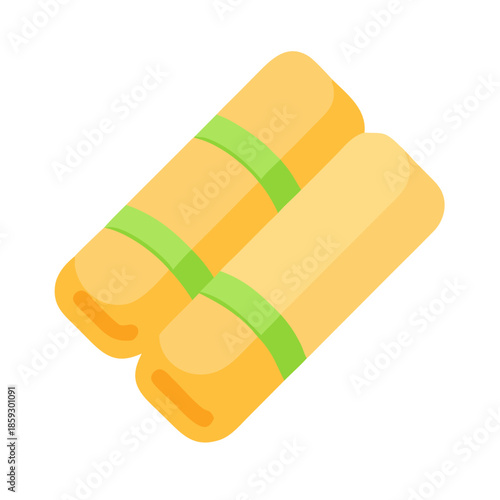 Two yellow spring rolls with green bands isometric view