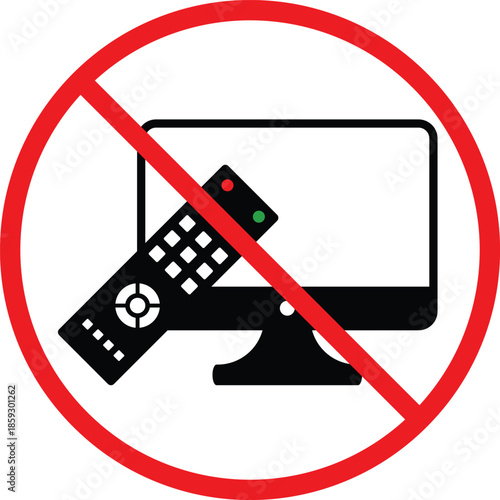 no tv with remote icon.  TV and clicker forbidden symbol. Screen and remote prohibited graphic design. Education and study area regulation signs