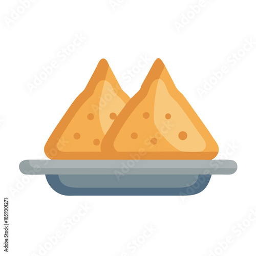 Two samosas on a platter against white background