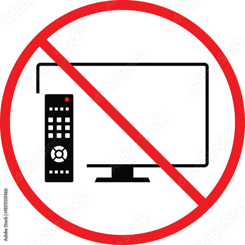 no tv with remote icon.  TV and clicker forbidden symbol. Screen and remote prohibited graphic design. Education and study area regulation signs
