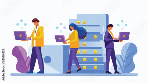 Business professionals working on laptops, digital evolution concept, technology and innovation in the workplace, modern office environment