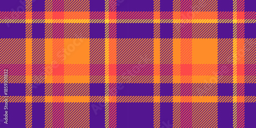 Tablecloth texture textile pattern, greeting card check vector fabric. Awesome tartan background seamless plaid in violet and orange colors.